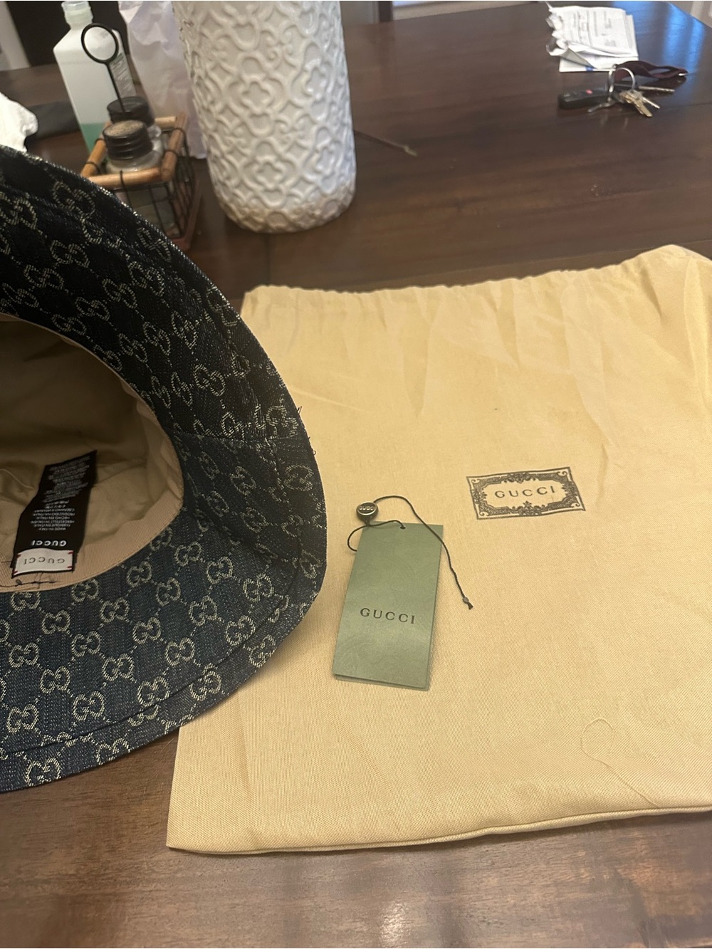 Gucci Blue Denim GG Monogram Bucket Hat with Tan Dust Bag - Large Rim